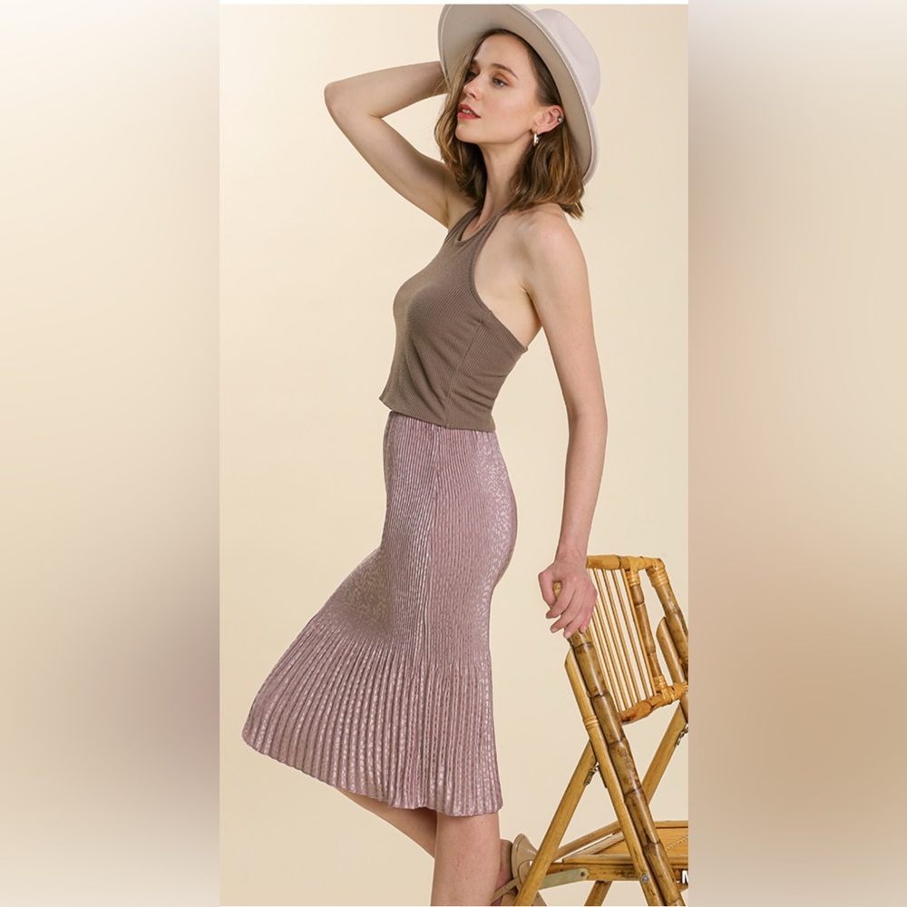 🆕 Umgee Animal Jacquard Print Elastic Waist Crystal Pleated Midi Skirt